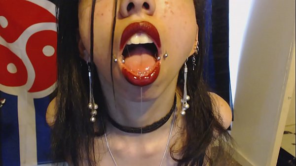 Goth with Red Lipstick Drools a Whole Lot and Blows Spit Bubbles at You – Spit and Saliva and Lipstick Fetish
